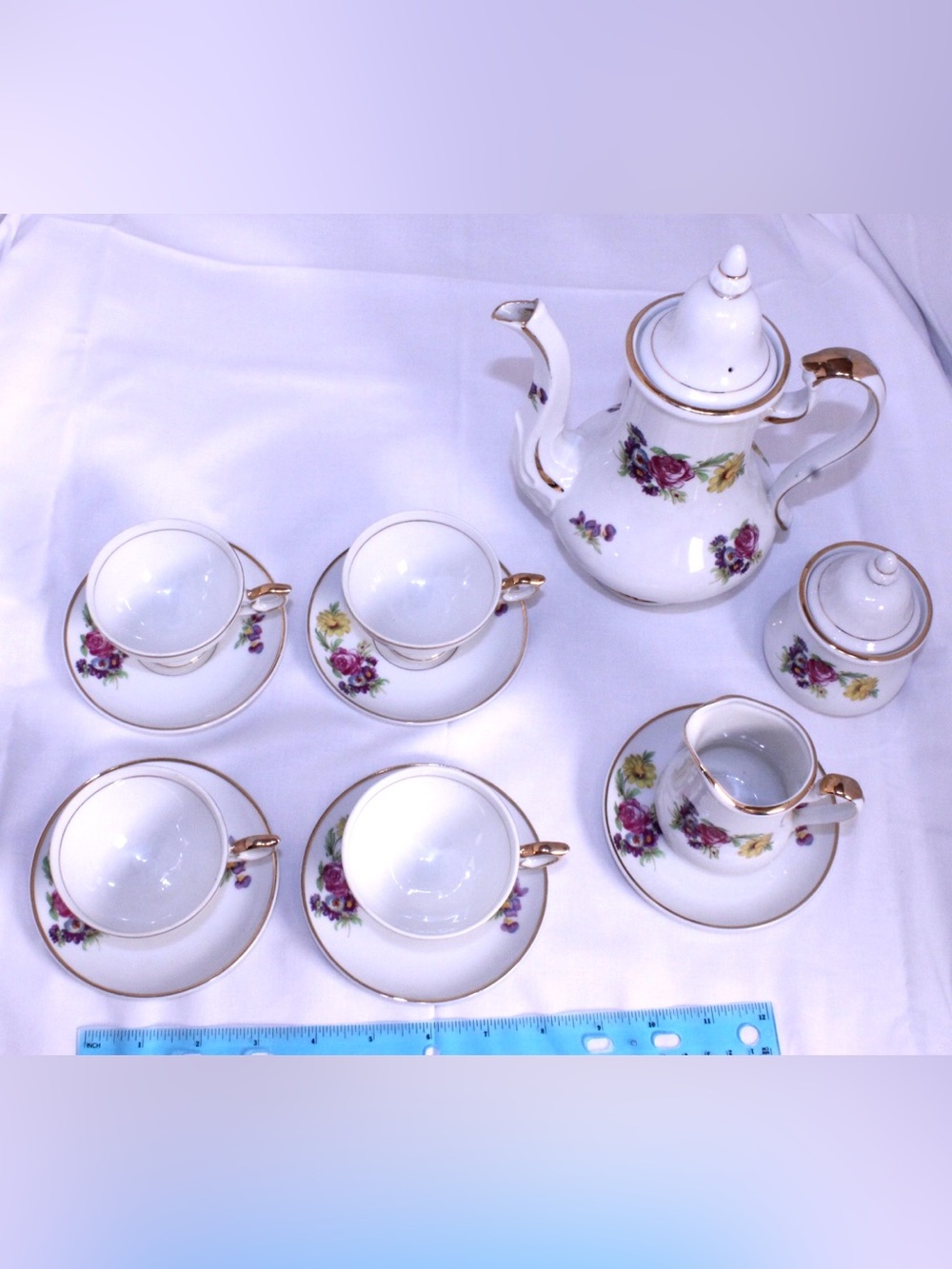 White Porcelain Floral Tea Set with Gold Trim